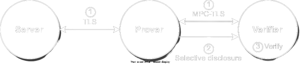 Diagram: server and prover connect over TLS, prover and verifier run MPC-TLS, then selective disclosure and verify