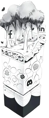 Tower of walled gardens covered in social app logos like Facebook, LinkedIn, Slack and Discord